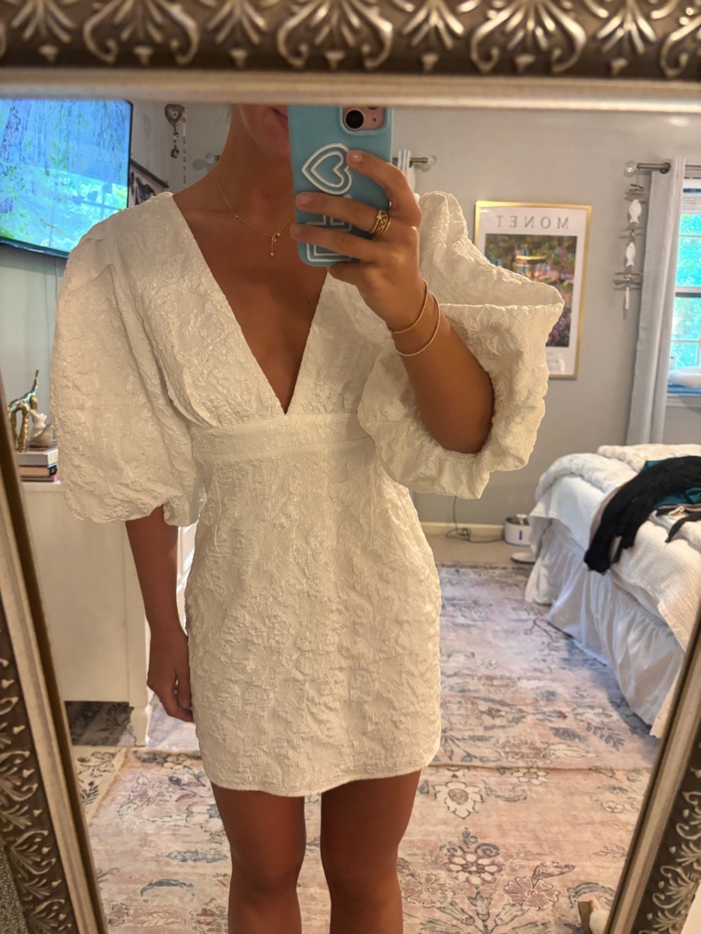 Showpo White Textured Puff Sleeve V-Neck Mini Dress